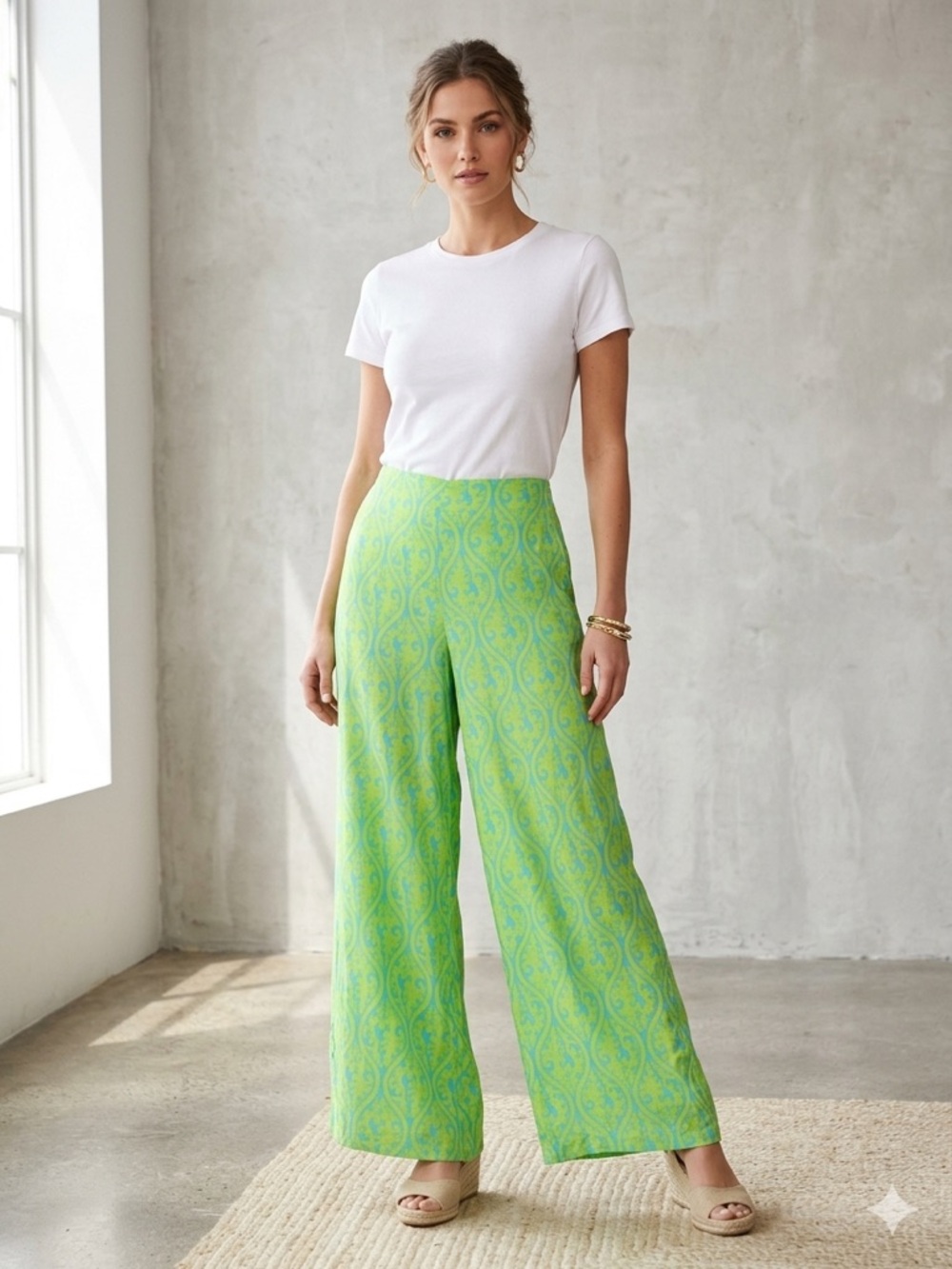 escapada Lime & teal Paisley Wide-Leg Pants. Size XL.